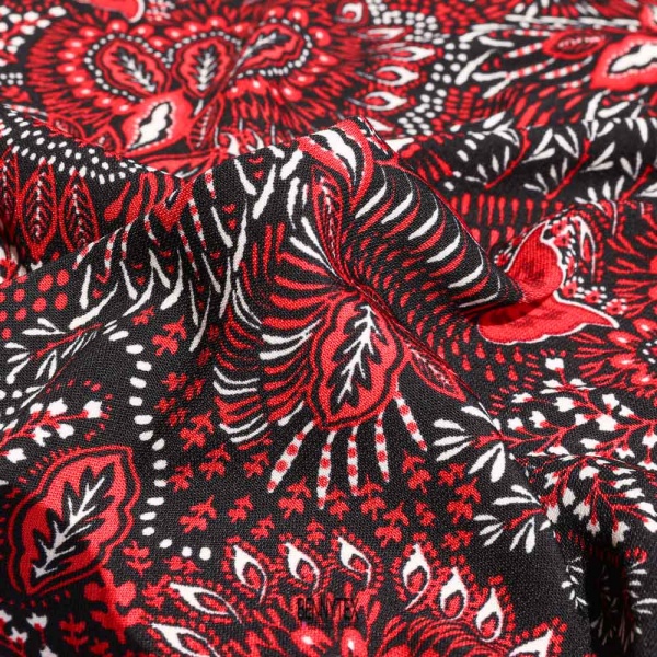 microfibre polyester imprimé cachemire fleurs fond noir et dessin carmin