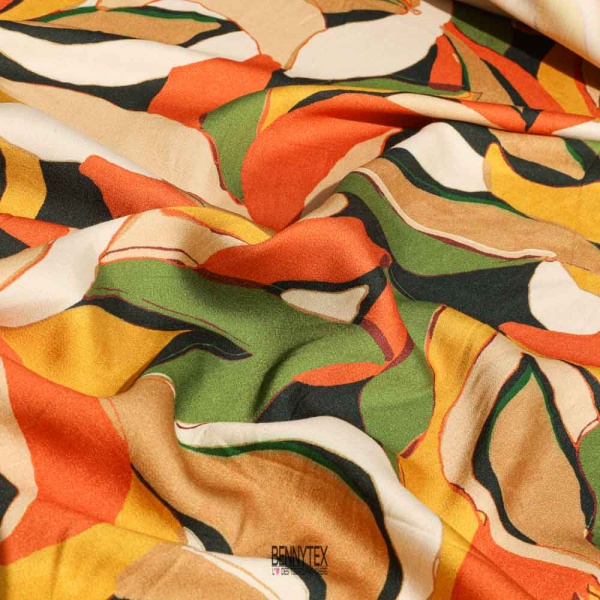 satin viscose fleurs exotique multicolor jaune vert orange beige