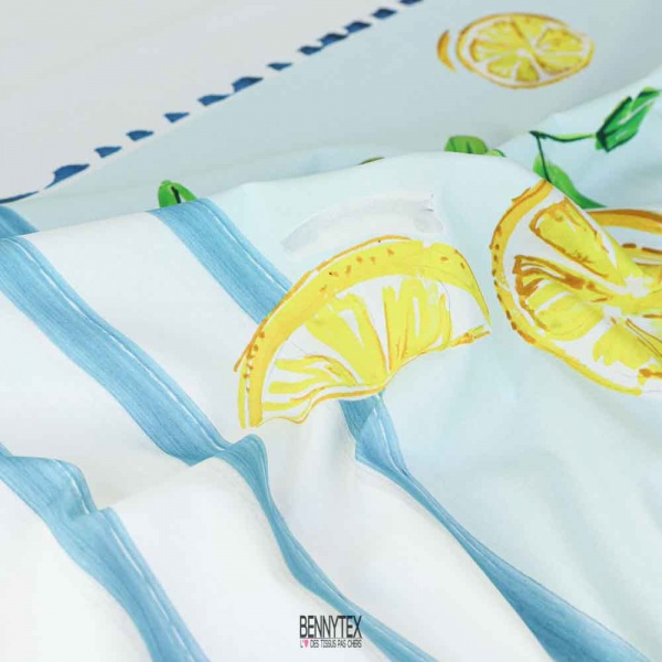 popeline de coton souple base citron et bleu ciel italia