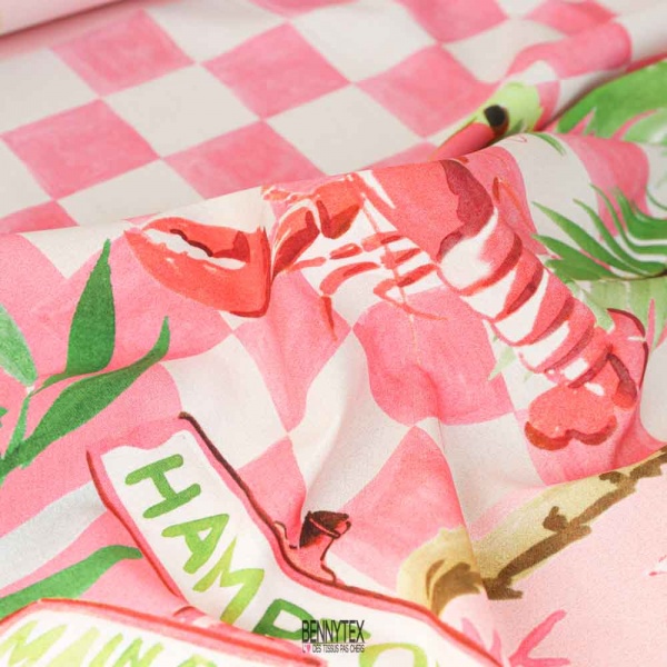 popeline coton viscose crabe et exotique corail rose palmier