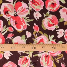 crepe viscose marocain fond choco noir fleurs rose et corail