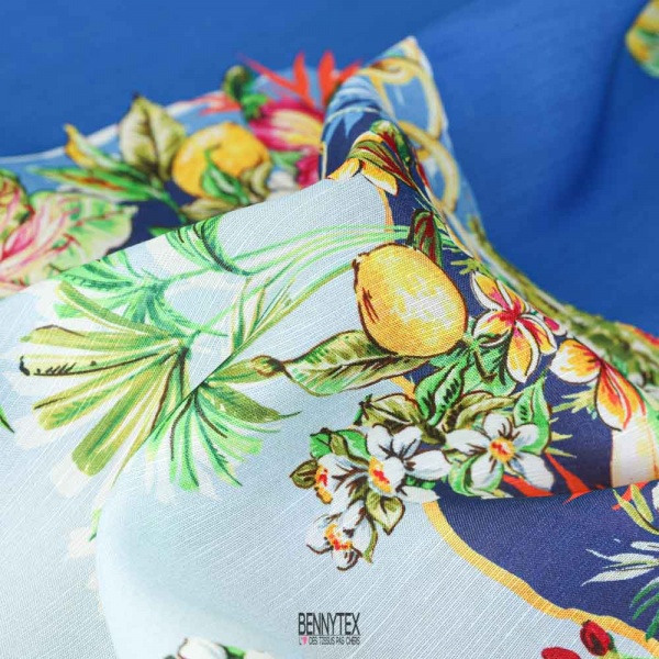 lin viscose fibre panneau 80cm double base citron tropical bleu roi