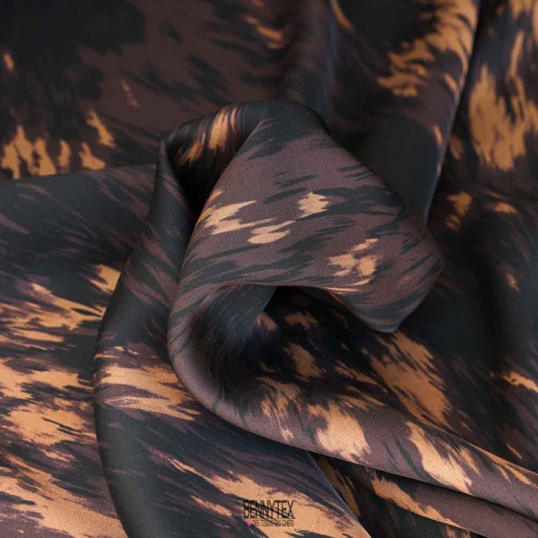 satin viscose dessin abstarait fond choco noir or et camel