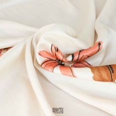 Satin viscose imprimé digital beige fond blanc cassé