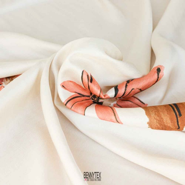 Satin viscose imprimé digital beige fond blanc cassé