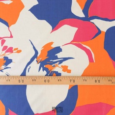 coton swiss souple fleurs moyenne bleu roie orange fond cassé