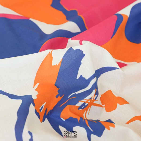 coton swiss souple fleurs moyenne bleu roie orange fond cassé