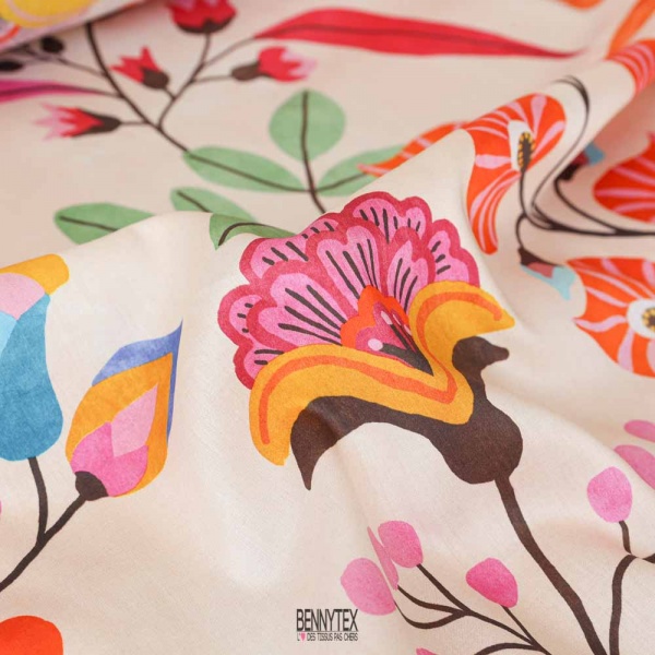 satinette de coton swiss legere fond ecru clair fleurs multicolor