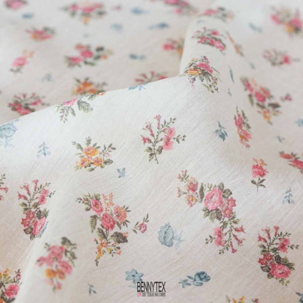 voile viscose polyamide fleurs style sezame fond beige ecru