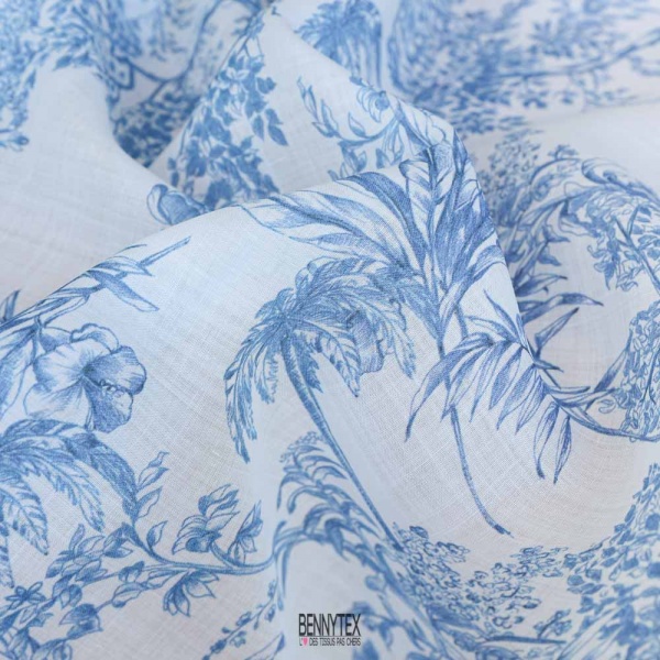 voile rami style lin toile de jouy souple fond blan et bleu ciel layette