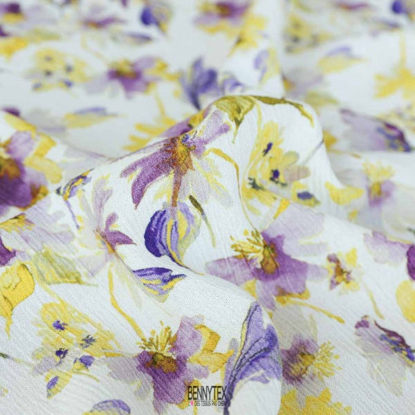 viscose crepons froissé fond blanc fleurs jaune citron parme