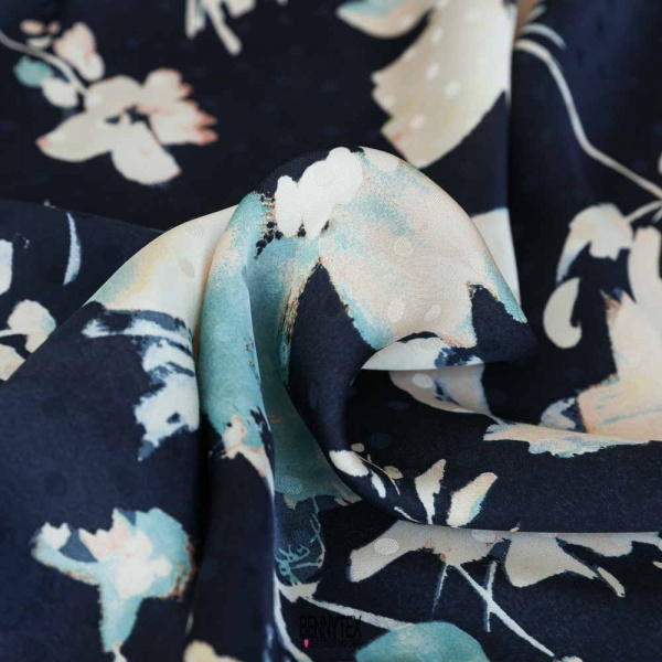 satin de viscose royal lourd de luxe poids ton sur ton fleurs royal bleu marine