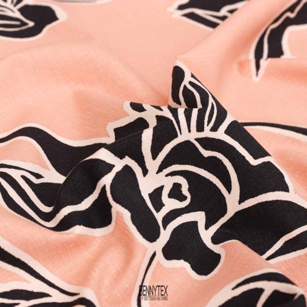 lin coton imprimé fleurs fond saumon fleurs noir