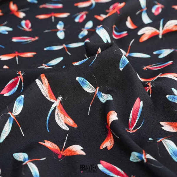 crepe viscose libellulle fond bleu nuit