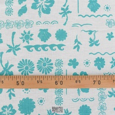 lin coton imprimé fleurs fond ecru plage aqua
