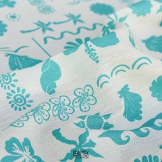 lin coton imprimé fleurs fond ecru plage aqua