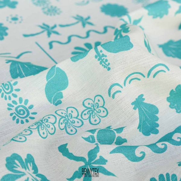 lin coton imprimé fleurs fond ecru plage aqua
