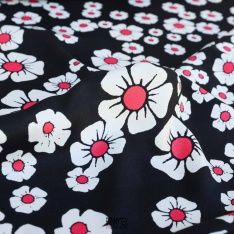 twill viscose satiné grosse fleurs framboise blanc cassé fond noir