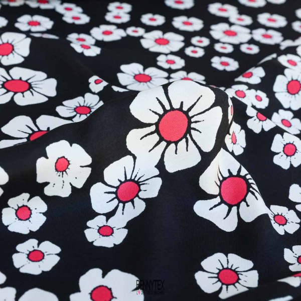 twill viscose satiné grosse fleurs framboise blanc cassé fond noir