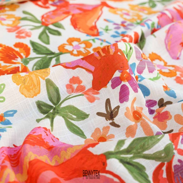 voile de coton fleurs blanc cassé style lin super souple et fluide