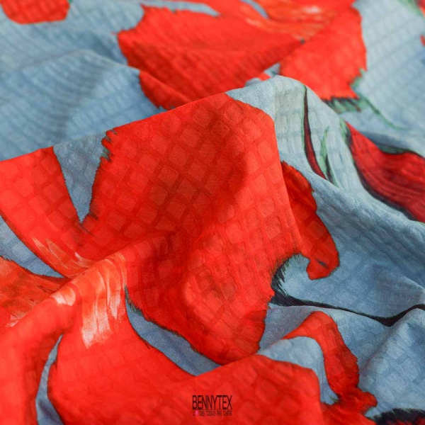 voile de coton gauffré grosse fleurs fond gris clair souri