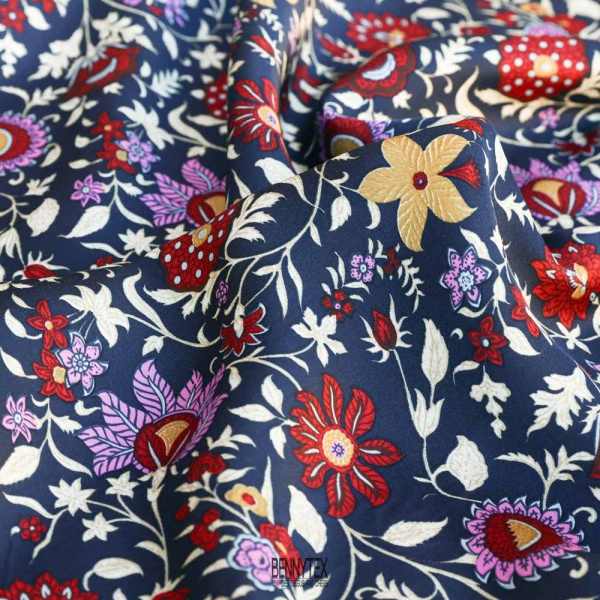 satin viscose de luxe dessin fleurs fond marine cachemire