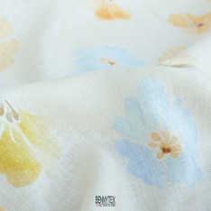100% lin de luxe fond ecru a grosse fleurs pastel