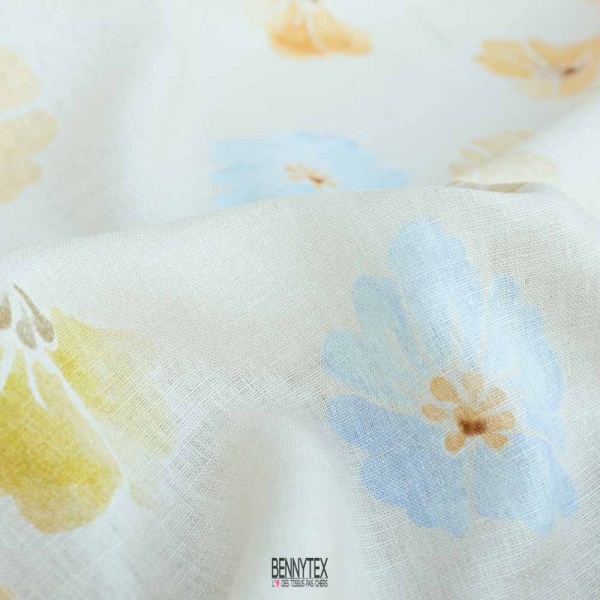 100% lin de luxe fond ecru a grosse fleurs pastel