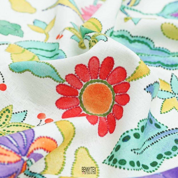 lin coton a base imprimé fleurs blanc cassé