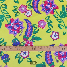 satin de coton digital jaune et fleurs