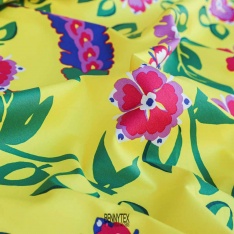 satin de coton digital jaune et fleurs