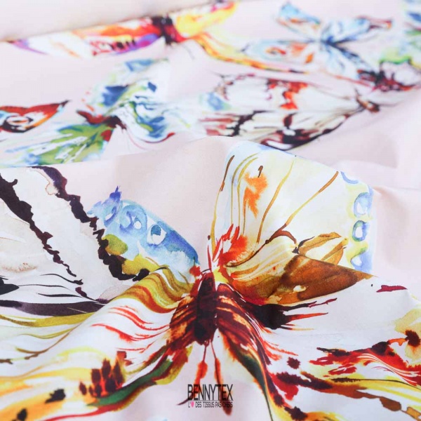 popeline coton 100 fils luxe papillon fond rose clair