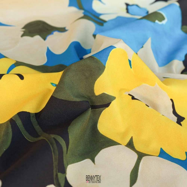 popeline 100% coton fond noir grosses fleurs multicolor