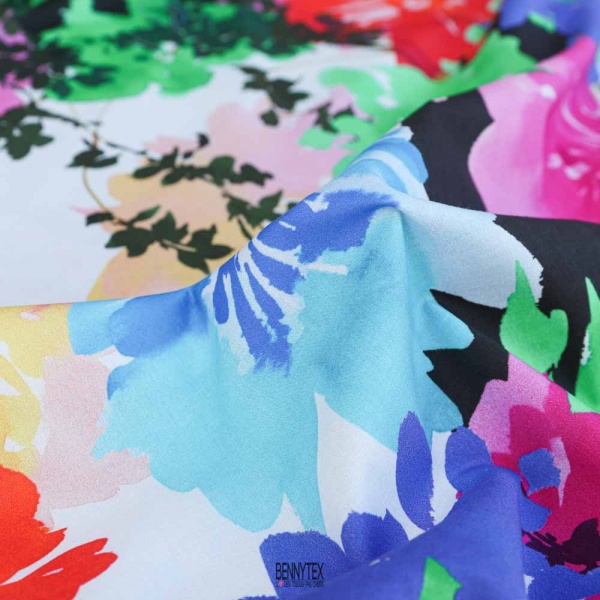 popeline de luxe 100% coton fond blanc fleuri multicolor