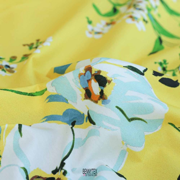 popeline de luxe 100% coton fond jaune fleuri