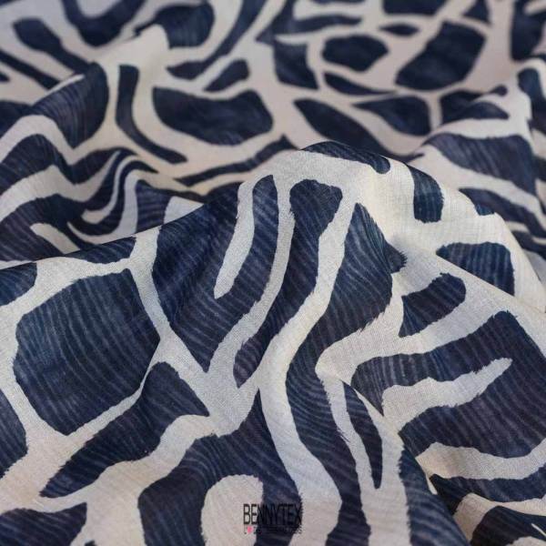 voile de coton leger italien superbe abstrait blanc et marine tie and dye