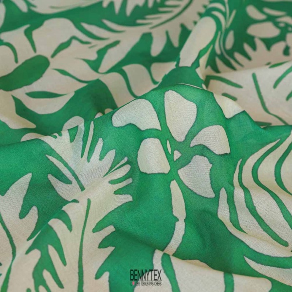 voile de coton souple vert jardin fleurs beige