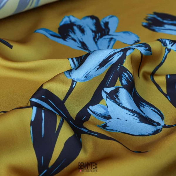 coupon 3m satin polyester digital haute couture safran fleurs indigo marine