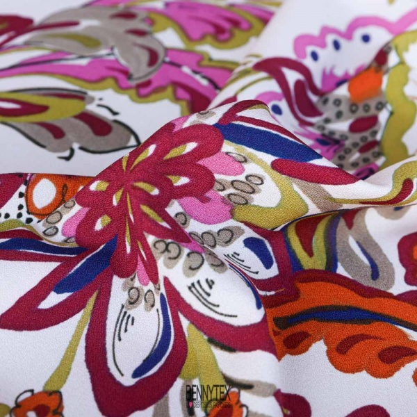 coupon 3 m fibranne crepe polyster rose poudré beige a fleurs