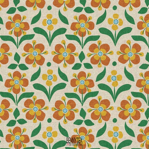 toile demi natté fleurs popreto orange vert fond ecru