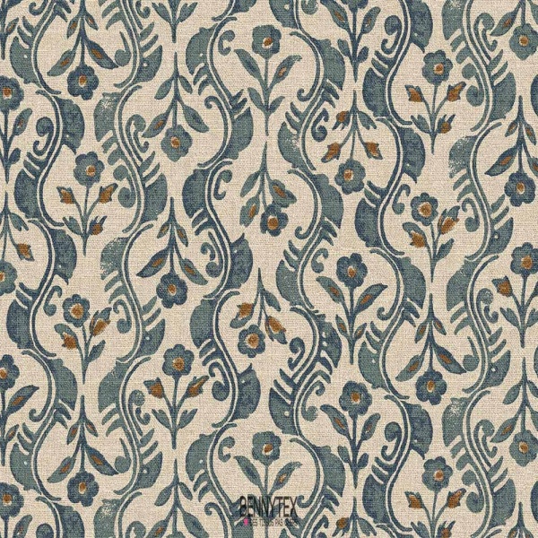toile demi natté fleurs fond ecru clair