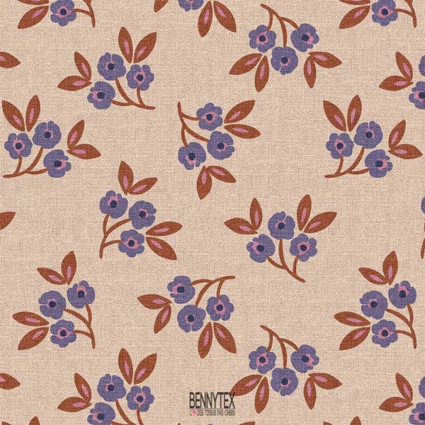 toile demi natté fleurs parme fond rose poudre