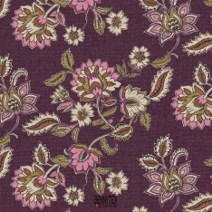toile demi natté fleurs aubergines vieux rose