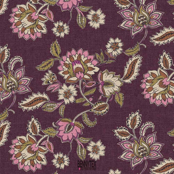 toile demi natté fleurs aubergines vieux rose