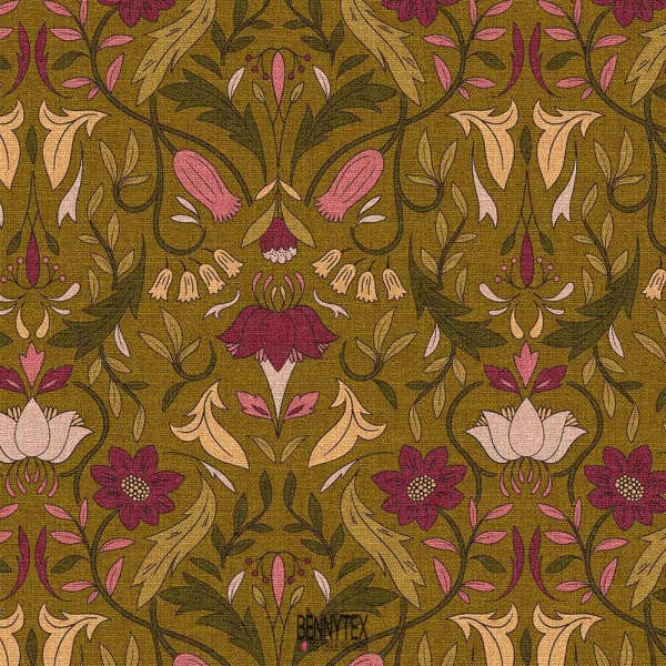 toile demi natté fleurs ocre et rose pas