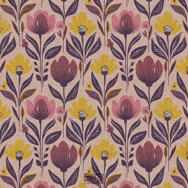 toile demi natté fleurs tulipe vieux rose