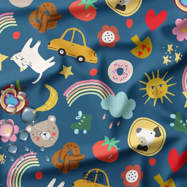 impermeable strecht dit pul enfant bleu pale animaux