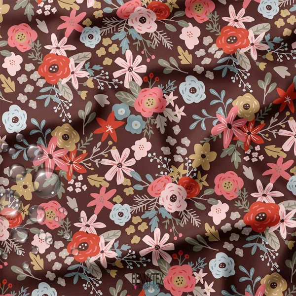 impermeable strecht dit pul fleurs fond marron aubergine