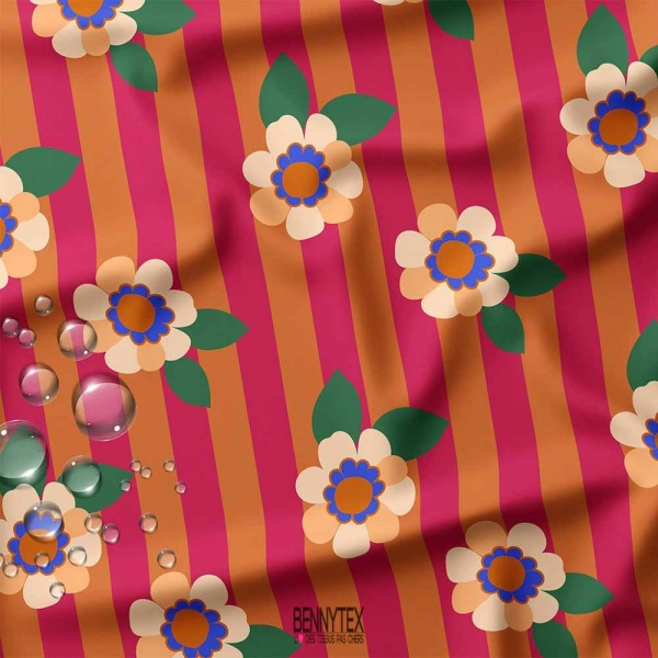 impermeable strecht dit pul fleurs fond rouge orangé rayure
