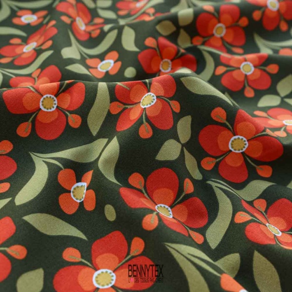 coton lorraine loisirs creatif souple fond kaki fleurs orange